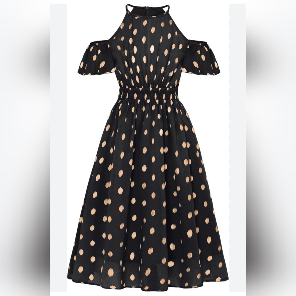 NWT Black and Tan Polka Dot Cold Shoulder Dress Grace Karin